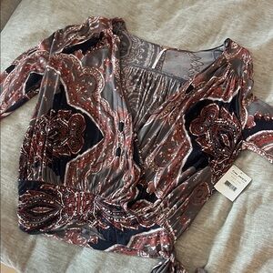Free People Paisley Wrap Blouse in Gray and Red